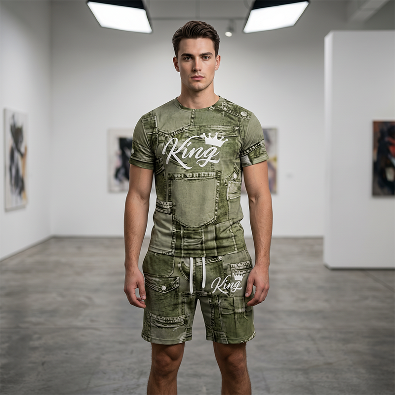 Mens Casual Faux Denim Print T Shirt Shorts Set