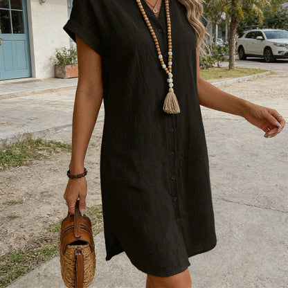 Women's Casual V-Neck Button-Down Shirt Dress