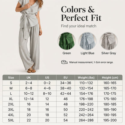 Women's Casual Tie-Waist Top and Wide-Leg Pants Set