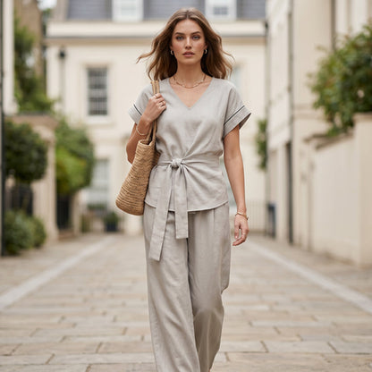 Women's Casual Tie-Waist Top and Wide-Leg Pants Set
