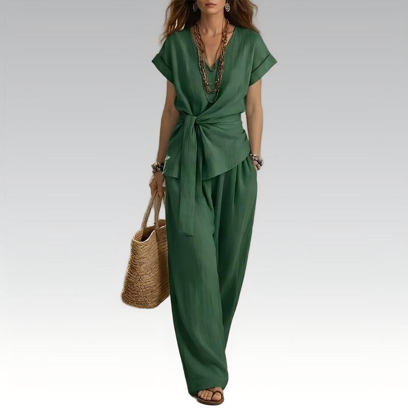 Women's Casual Tie-Waist Top and Wide-Leg Pants Set