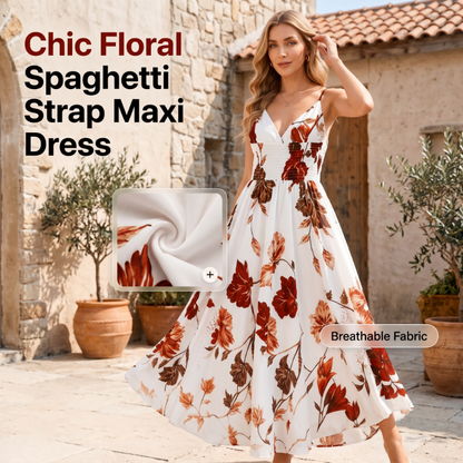 🌸 2026 Sale — Over 48,000 Sold! 💃 Women's Printed Spaghetti Strap Maxi Dress – Floral V-Neck Elegance ✨