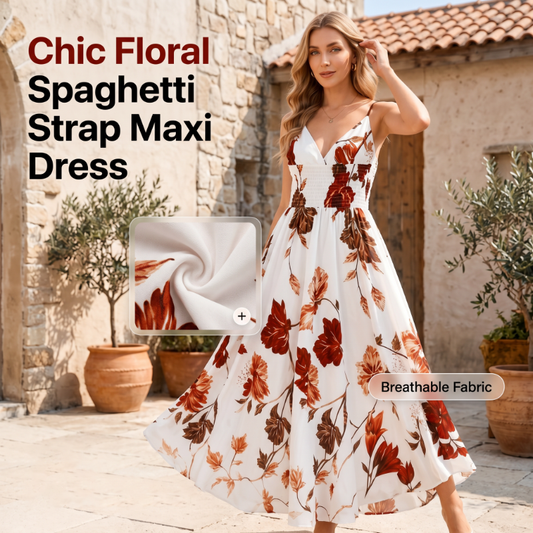 🌸 2026 Sale — Over 48,000 Sold! 💃 Women's Printed Spaghetti Strap Maxi Dress – Floral V-Neck Elegance ✨