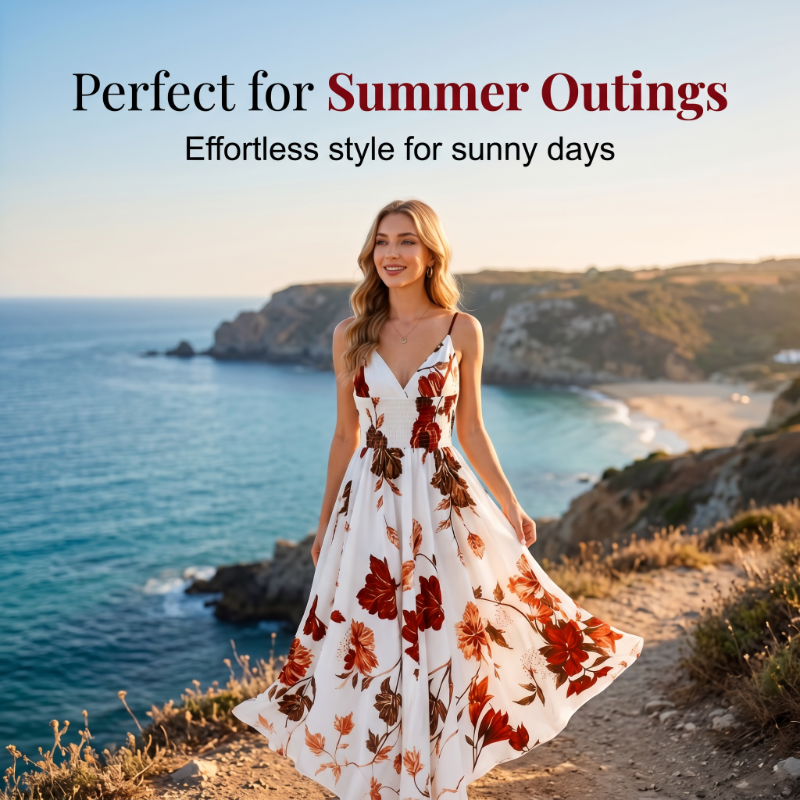 🌸 2026 Sale — Over 48,000 Sold! 💃 Women's Printed Spaghetti Strap Maxi Dress – Floral V-Neck Elegance ✨