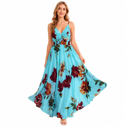 🌸 2026 Sale — Over 48,000 Sold! 💃 Women's Printed Spaghetti Strap Maxi Dress – Floral V-Neck Elegance ✨