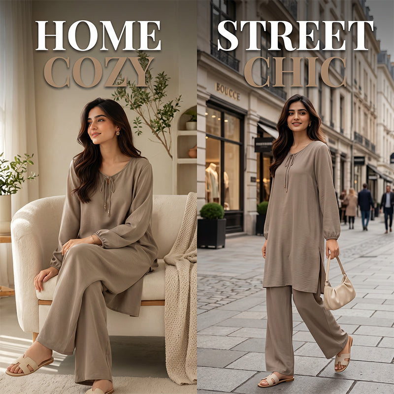 Women Two Piece Outfits Long Sleeve Tunic and Wide Leg Pants Set
