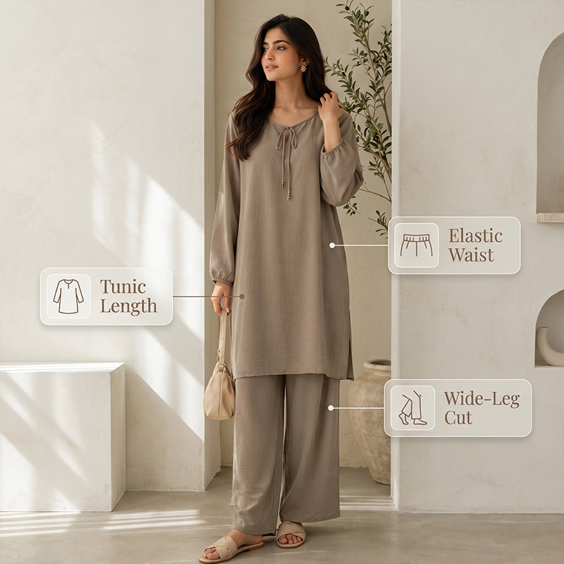 Women Two Piece Outfits Long Sleeve Tunic and Wide Leg Pants Set