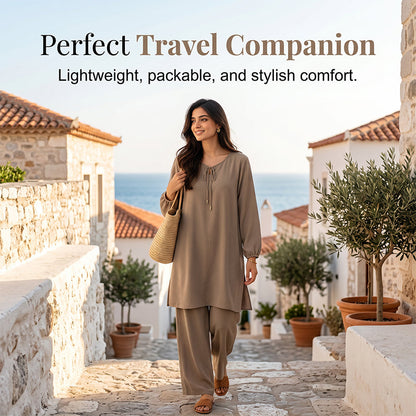 Women Two Piece Outfits Long Sleeve Tunic and Wide Leg Pants Set