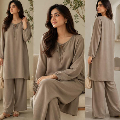 Women Two Piece Outfits Long Sleeve Tunic and Wide Leg Pants Set