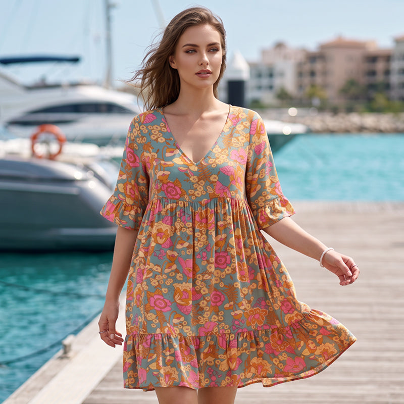 Women's Bohemian Floral Print V-Neck Loose Dress
