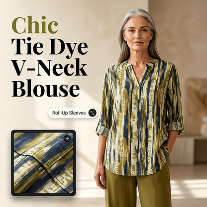 🔥New Arrivals & Special Offers-Women Tie Dye V Neck Blouse Roll Up Sleeve Matching Pants Set