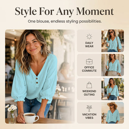 Women's Casual V-Neck 3/4 Sleeve Top