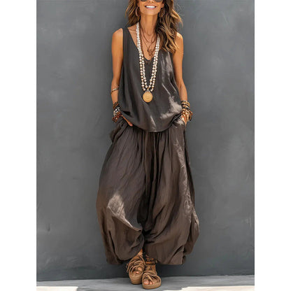 Women's Solid V-Neck Tank & Pants Set