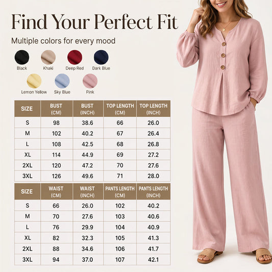 🌿Women's Cotton-Linen V-Neck Long Sleeve Top & Pants Set