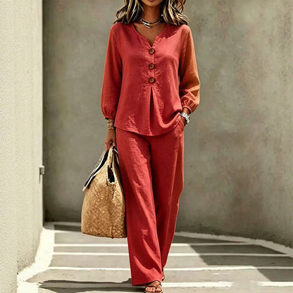 🌿Women's Cotton-Linen V-Neck Long Sleeve Top & Pants Set