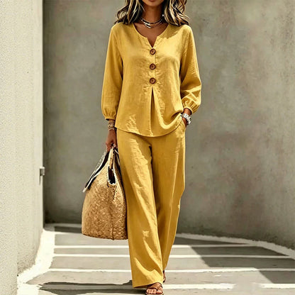 🌿Women's Cotton-Linen V-Neck Long Sleeve Top & Pants Set