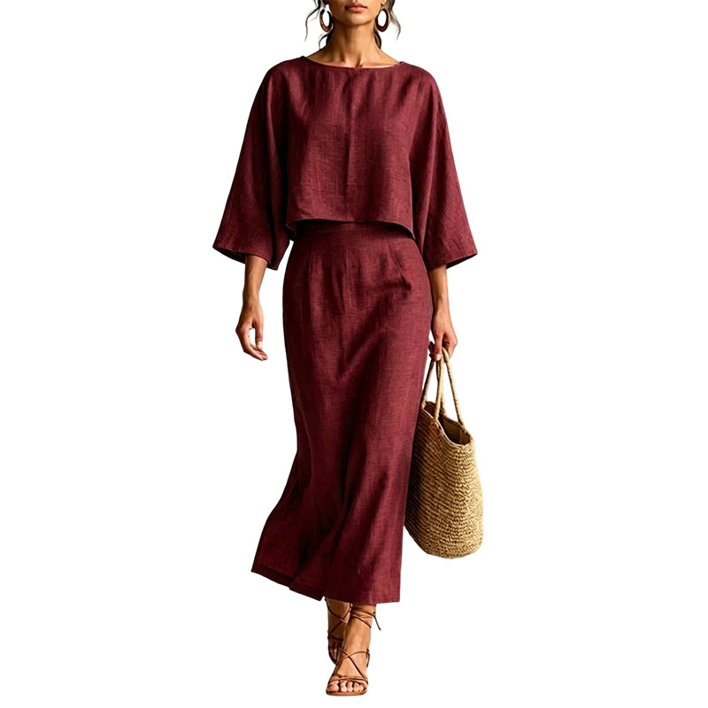 Women Elegant Two Piece Outfit Long Skirt Set with Three Quarter Sleeve Top