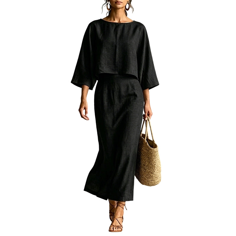 Women Elegant Two Piece Outfit Long Skirt Set with Three Quarter Sleeve Top