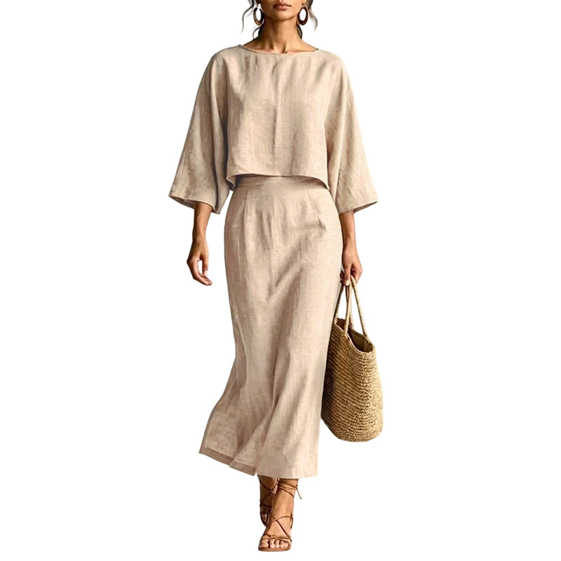 Women Elegant Two Piece Outfit Long Skirt Set with Three Quarter Sleeve Top