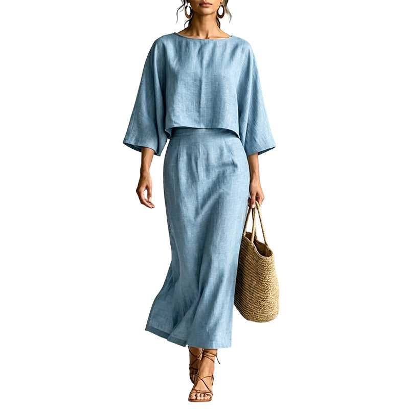 Women Elegant Two Piece Outfit Long Skirt Set with Three Quarter Sleeve Top