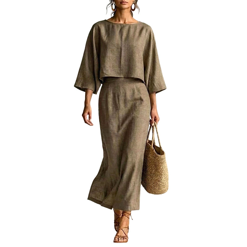 Women Elegant Two Piece Outfit Long Skirt Set with Three Quarter Sleeve Top