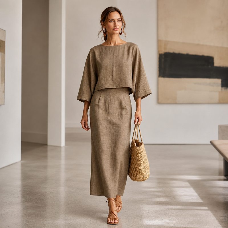 Women Elegant Two Piece Outfit Long Skirt Set with Three Quarter Sleeve Top