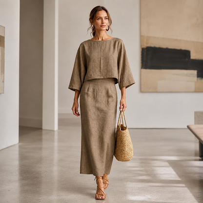 Women Elegant Two Piece Outfit Long Skirt Set with Three Quarter Sleeve Top