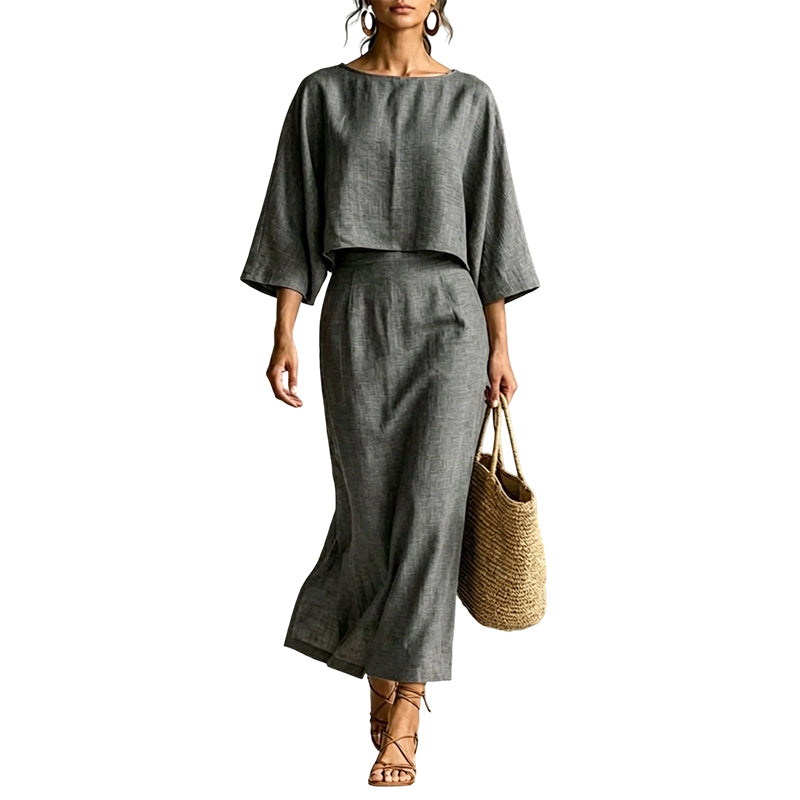 Women Elegant Two Piece Outfit Long Skirt Set with Three Quarter Sleeve Top