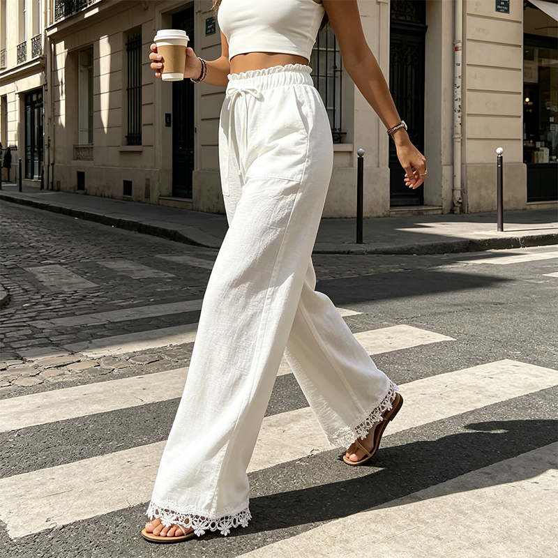 🌿Women's Wide Leg Linen Pants with Lace Hem