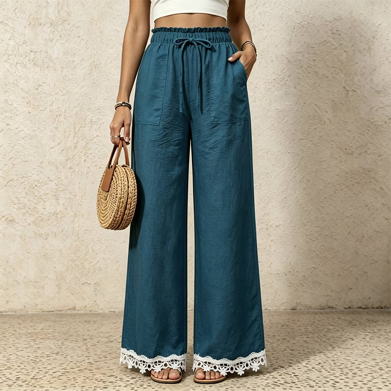 🌿Women's Wide Leg Linen Pants with Lace Hem