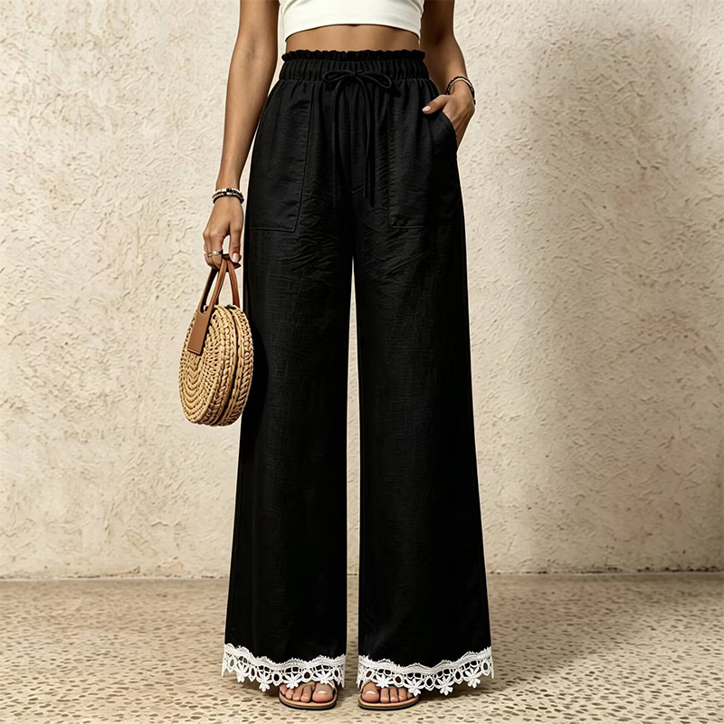 🌿Women's Wide Leg Linen Pants with Lace Hem