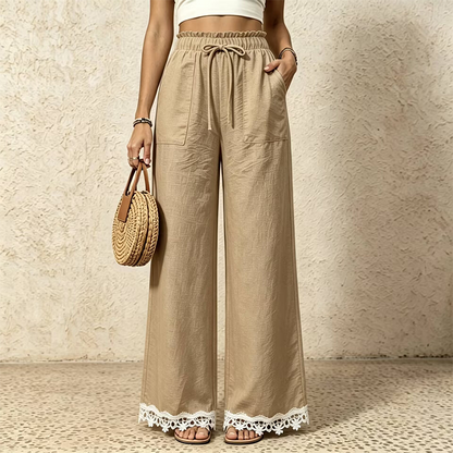 🌿Women's Wide Leg Linen Pants with Lace Hem