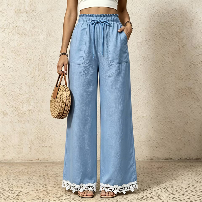 🌿Women's Wide Leg Linen Pants with Lace Hem