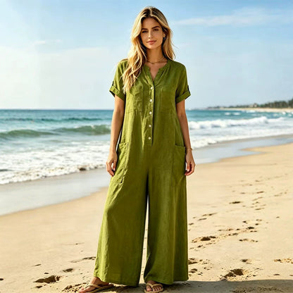🌿Women's Casual Short Sleeve Wide-Leg Jumpsuit