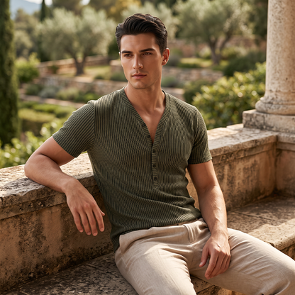 Men's Spring Textured Dual-Color Striped V-Neck Tee 👕 Bold Stripes, Deep V – A Modern Athletic Fit for Training & Beyond ✨