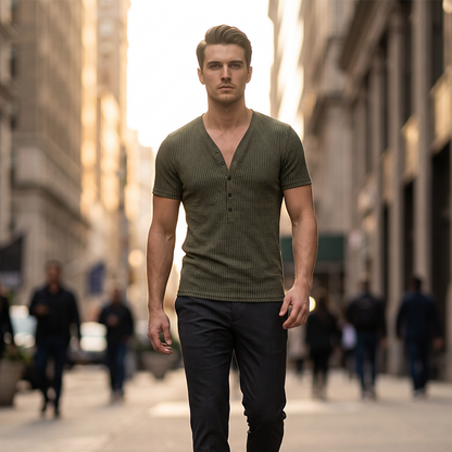 Men's Spring Textured Dual-Color Striped V-Neck Tee 👕 Bold Stripes, Deep V – A Modern Athletic Fit for Training & Beyond ✨