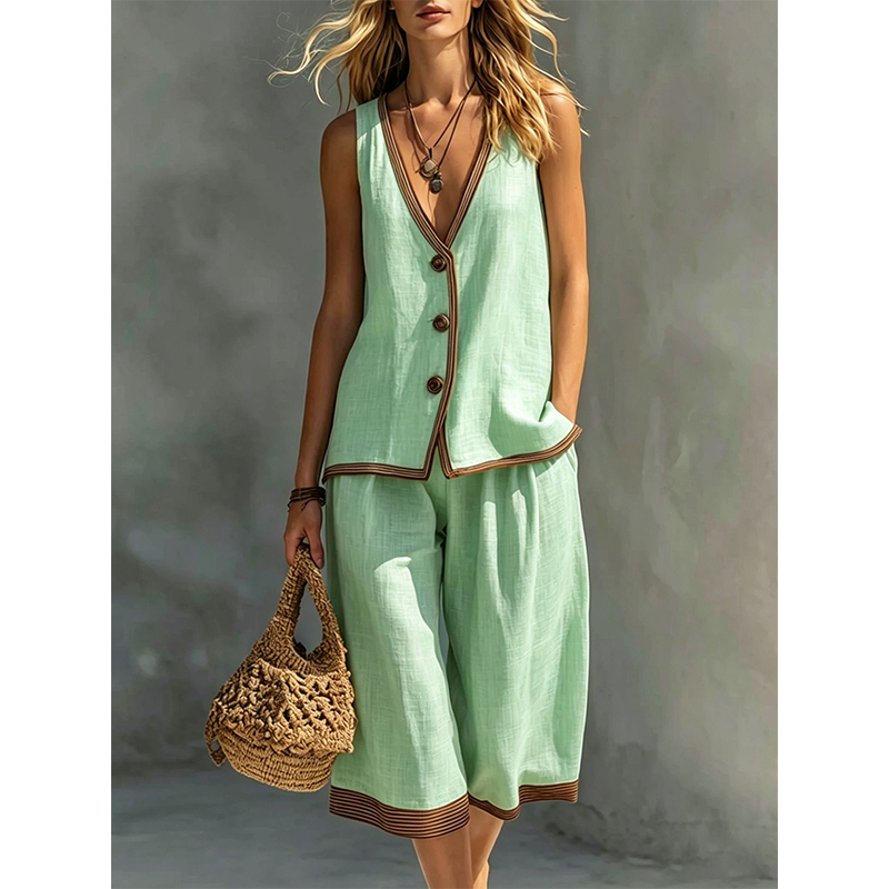🌿Women's Sleeveless V-Neck Top & Wide-Leg Pants Set