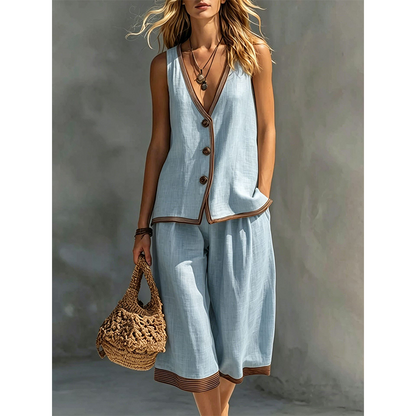 🌿Women's Sleeveless V-Neck Top & Wide-Leg Pants Set