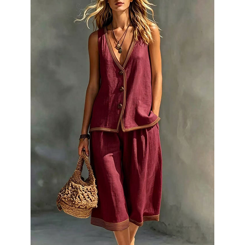 🌿Women's Sleeveless V-Neck Top & Wide-Leg Pants Set