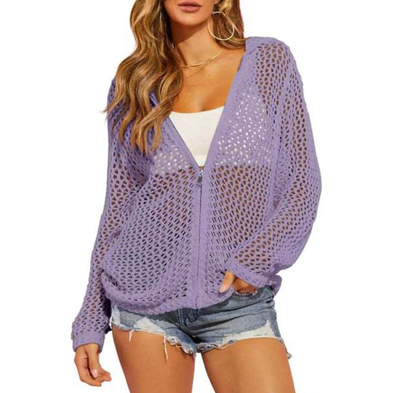 🌸☀️ 2026 Women's Open-Knit Zip-Up Cardigan | Lightweight Hollow-Out Long Sleeve Sweater for Spring & Summer