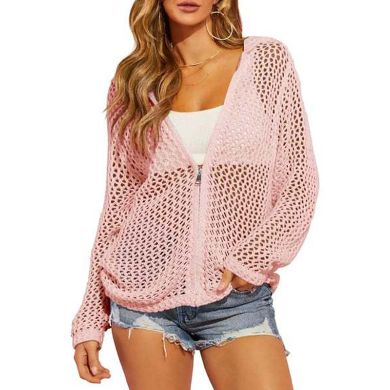 🌸☀️ 2026 Women's Open-Knit Zip-Up Cardigan | Lightweight Hollow-Out Long Sleeve Sweater for Spring & Summer