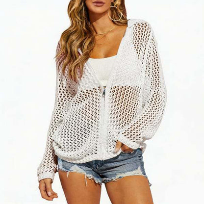 🌸☀️ 2026 Women's Open-Knit Zip-Up Cardigan | Lightweight Hollow-Out Long Sleeve Sweater for Spring & Summer