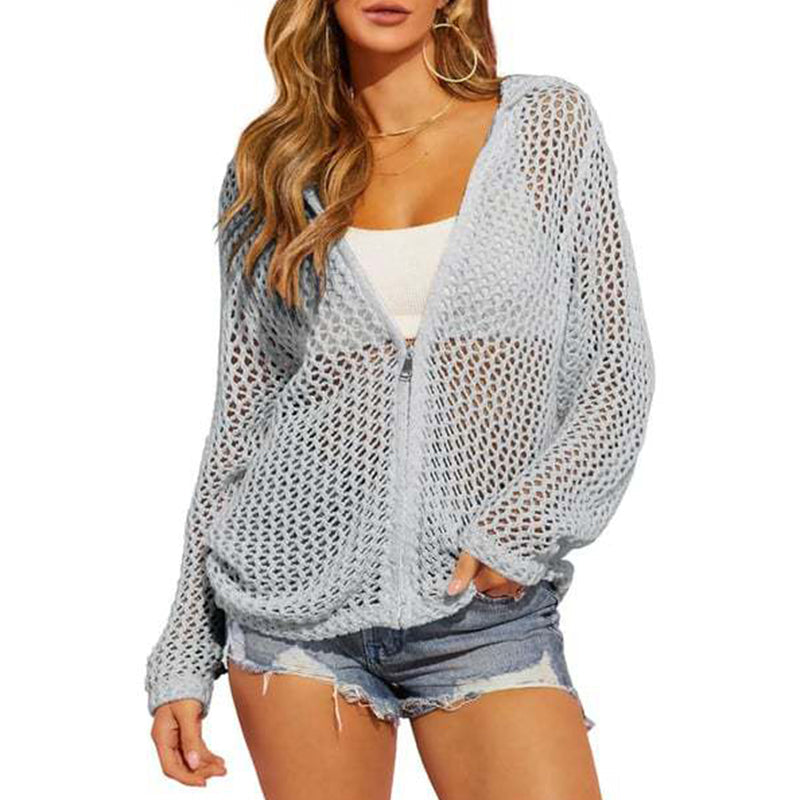 🌸☀️ 2026 Women's Open-Knit Zip-Up Cardigan | Lightweight Hollow-Out Long Sleeve Sweater for Spring & Summer