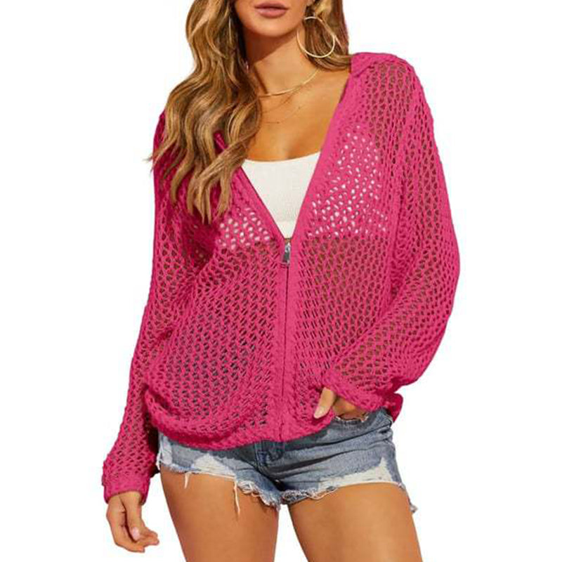 🌸☀️ 2026 Women's Open-Knit Zip-Up Cardigan | Lightweight Hollow-Out Long Sleeve Sweater for Spring & Summer