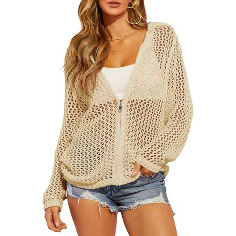 🌸☀️ 2026 Women's Open-Knit Zip-Up Cardigan | Lightweight Hollow-Out Long Sleeve Sweater for Spring & Summer