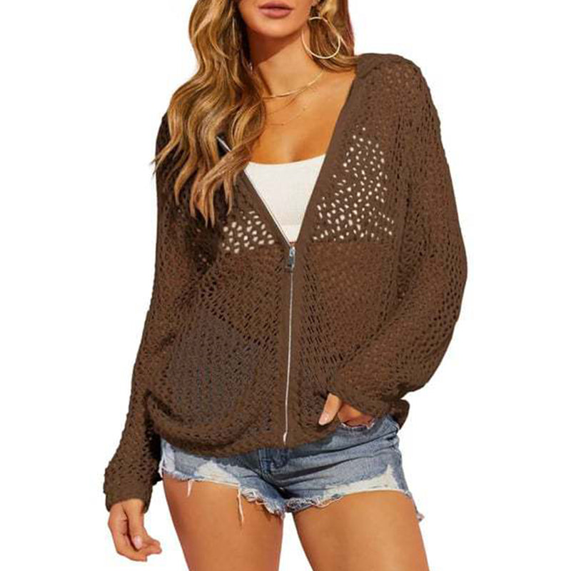 🌸☀️ 2026 Women's Open-Knit Zip-Up Cardigan | Lightweight Hollow-Out Long Sleeve Sweater for Spring & Summer