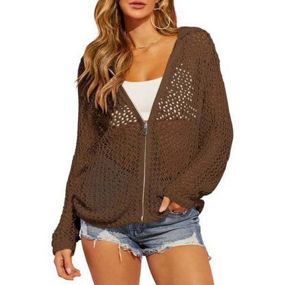 🌸☀️ 2026 Women's Open-Knit Zip-Up Cardigan | Lightweight Hollow-Out Long Sleeve Sweater for Spring & Summer