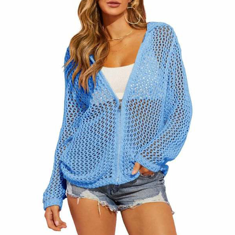🌸☀️ 2026 Women's Open-Knit Zip-Up Cardigan | Lightweight Hollow-Out Long Sleeve Sweater for Spring & Summer