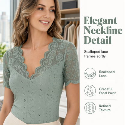 🎉 LIMITED TIME 50% OFF! 👚 Lace V-Neck Slim Top – Desk-to-Dinner Polish ✨