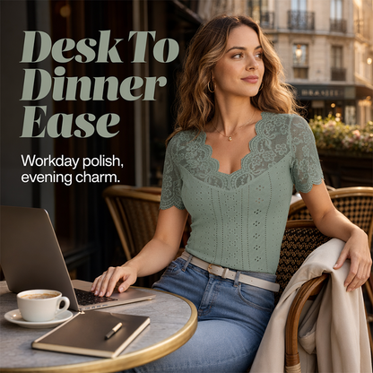 🎉 LIMITED TIME 50% OFF! 👚 Lace V-Neck Slim Top – Desk-to-Dinner Polish ✨